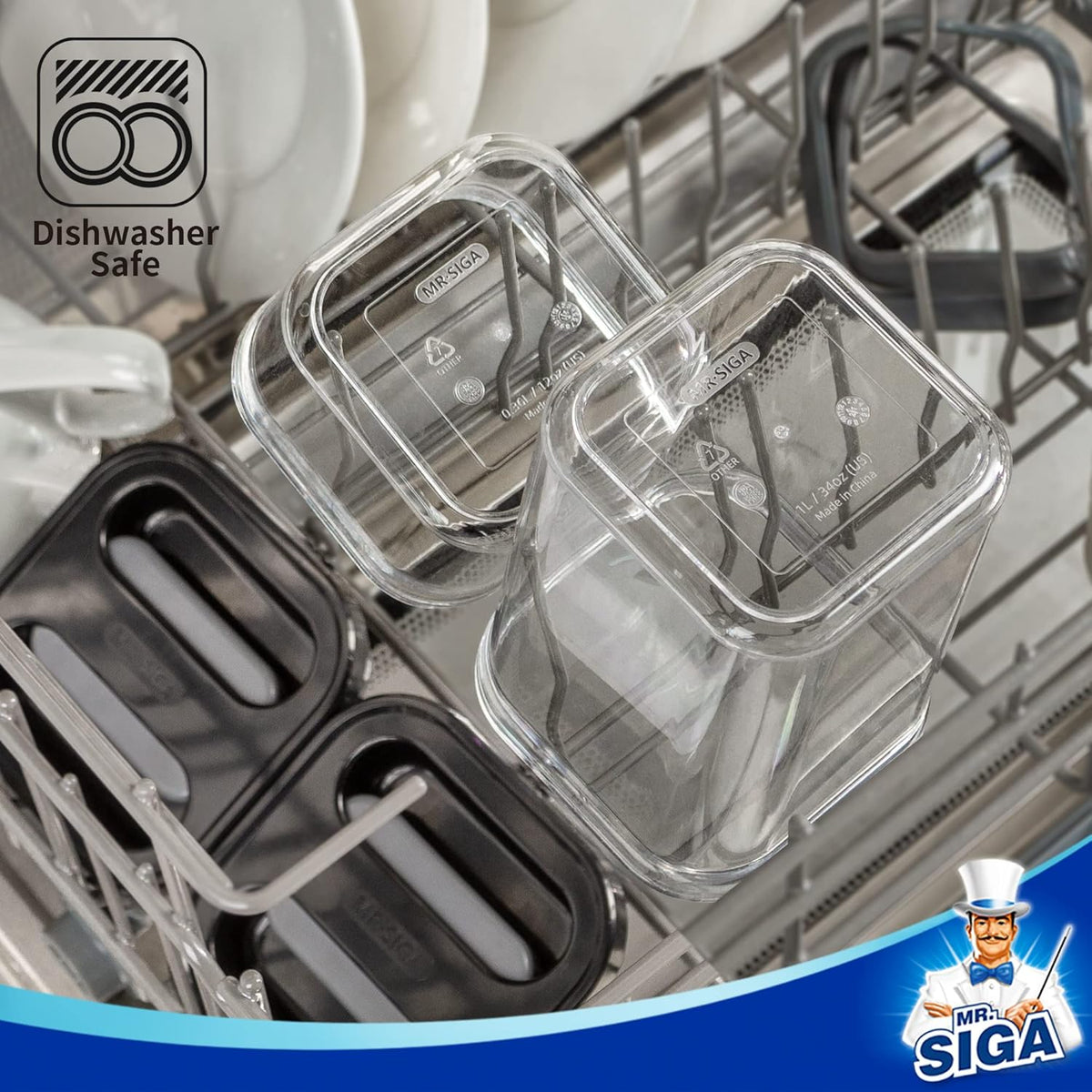 MR.SIGA 6 Piece Airtight Food Storage Container Set, BPA Free Kitchen Pantry Organization Canisters, One-handed Kitchen Storage Containers for Cereal, Spaghetti, Pasta, White