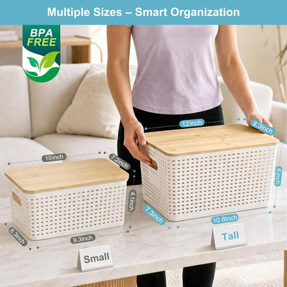 Bagnizer Small Plastic Storage Bins with Bamboo Lids 5.2qt Stackable Box Basket Pantry Decorative Containers Cute with Labels for Organizing Desktop Closet Office Cream White of 10*7.2*4.1"