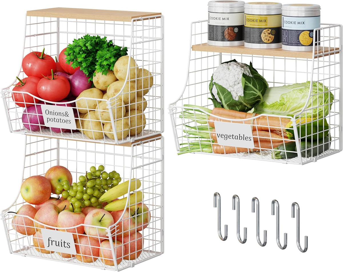 2 Set Stackable Wire Basket with Wooden Tops & Pad for kitchen organizers and storage, XXL Kitchen Counter Organizer for Fruit, Vegetable, Bread, Potato and Onion Storage Bin