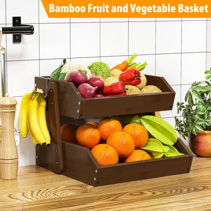 Gmtsl Bamboo Fruit Basket for Kitchen – 3 Tier Fruit Bowl For Kitchen Counter, Large Fruit Holder With 2 Banana Hangers, Idea For Fruit and Vegetable Storage, Bread Basket, Snack Organizer(BLACK)