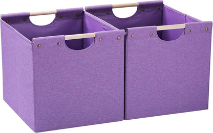 HOONEX Large Collapsible Storage Bins, Linen Fabric, Pack of 2, Storage Baskets with Wooden Carry Handles and Sturdy Heavy Cardboard, for Home, Office, Car, Nursery, Black