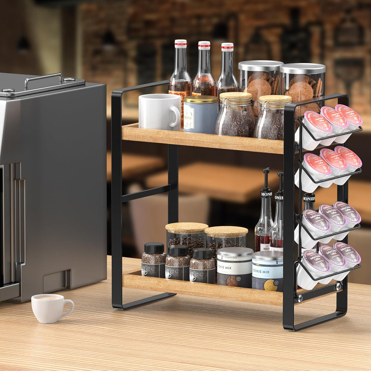 LEMIKKLE 2-Tier Coffee Bar Organizer With Basket,Wooden Counter Shelf for Coffee Bar Accessories,Kitchen Spice Rack Organizer for Countertop-Brown