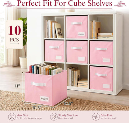 Storage Cubes, 11 Inch Fabric Storage Cubes Organizer Bins with Labels, Odor-Free & Sturdy PP Structure, Cubby Baskets for Closet, Shelves, Toys & Nursery (Beige)