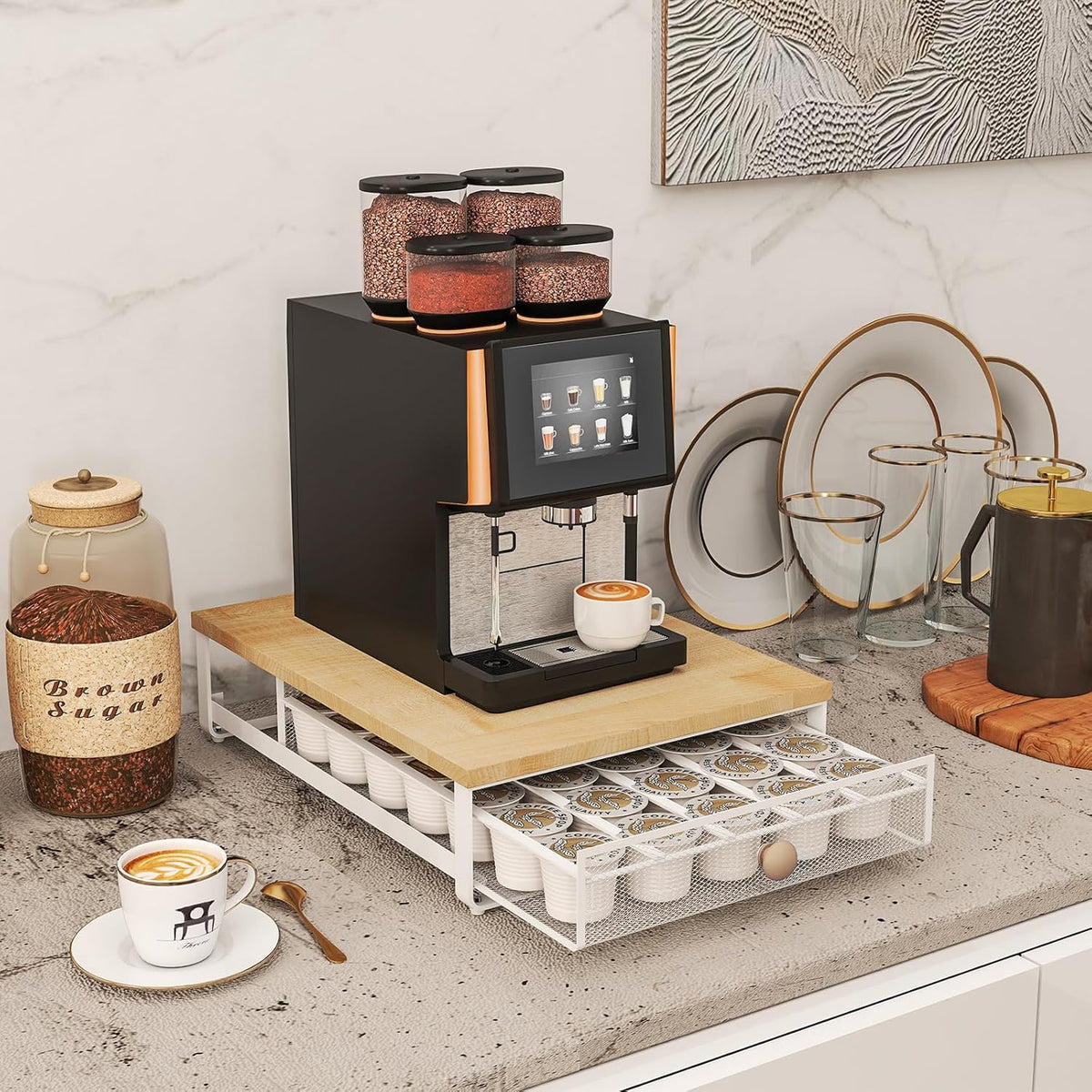 Sedegn Coffee Pod Holder Counter Coffee Vertuo Capsules Storage Organizer with Sliding Drawer Compatible For 35 K-Cup Pods No Assembly Needed Rustic Brown