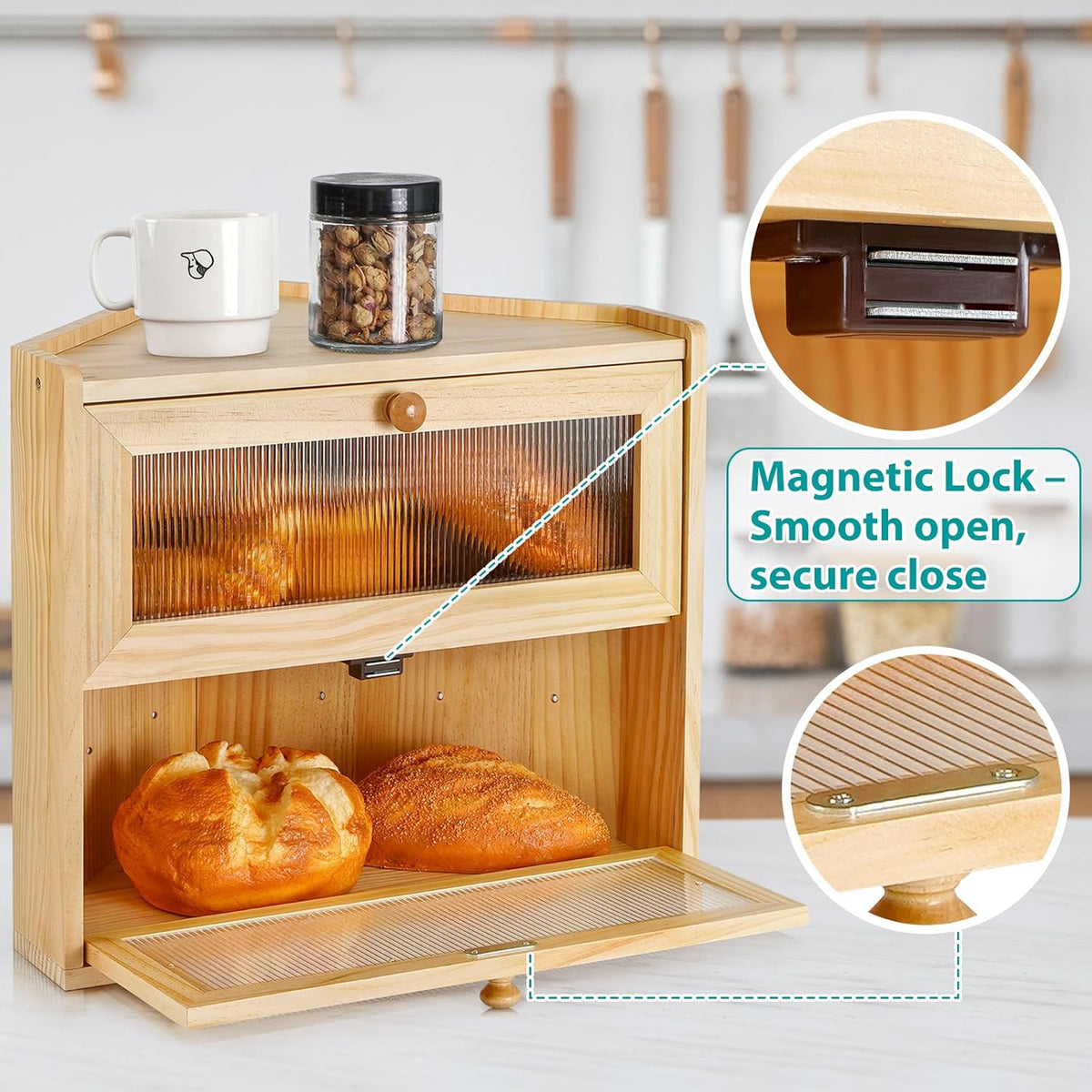 Sunhoo Bread Box for Kitchen Countertop Corner Large Wooden Bread Bin 2 Tier Rustic Food Storage Container with Acrylic Window Farmhouse Keeper Shelf Organizer for Loaves Pastries & Snacks (Brown)