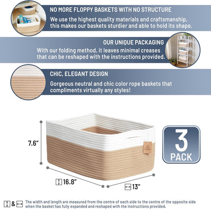NaturalCozy Storage Baskets 16.8”x13”x7.6” Cotton Rope Woven Baskets for Organizing 3-Pack | Toy Storage Bins | Basket for Shelves, Laundry, Blanket, Clothes, Closet, Kitchen, Bathroom, Gifts