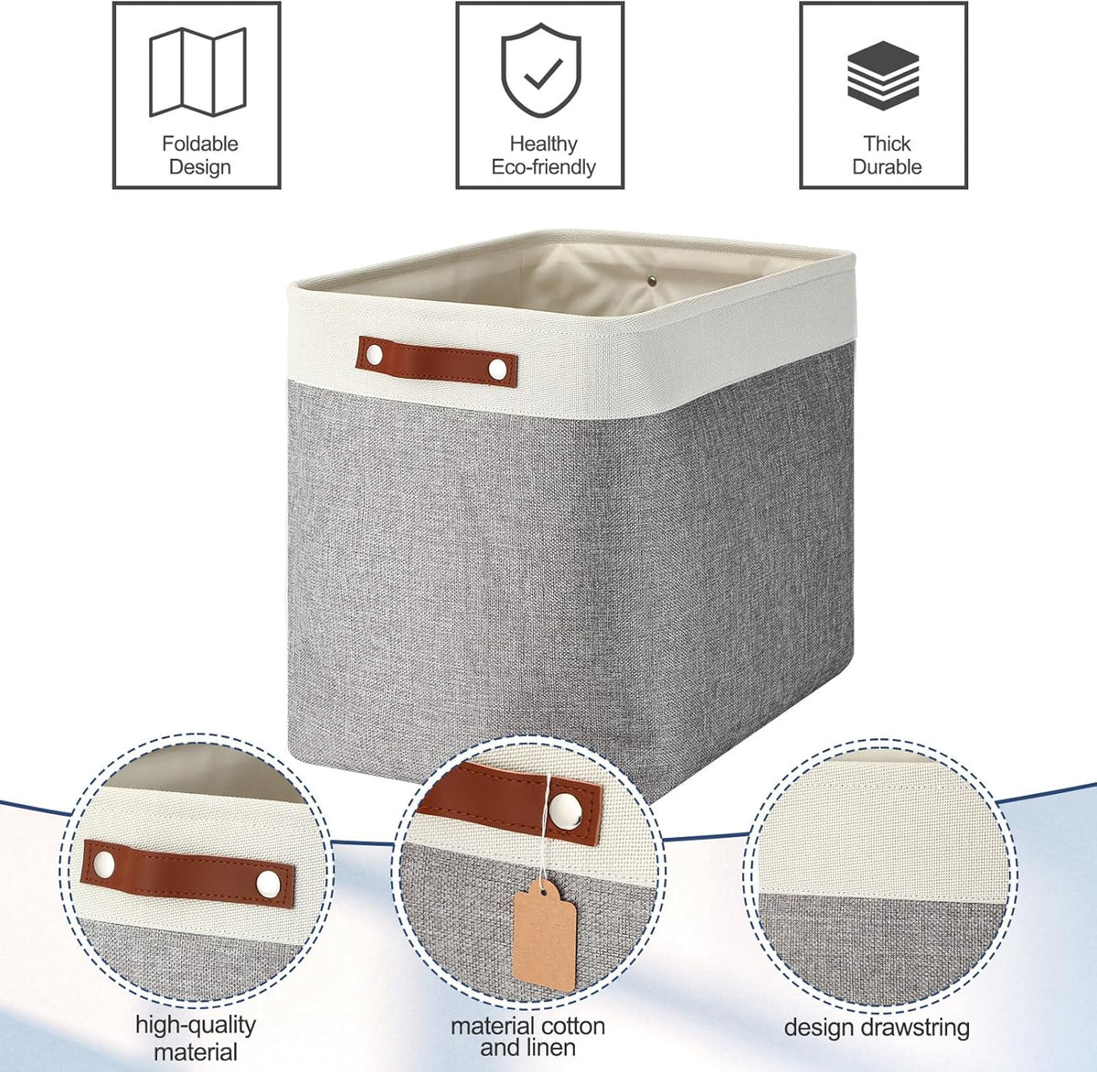 Uiifan 10 Pcs Collapsible Storage Bins Fabric Foldable Storage Basket with Handles Cloth Organizer Linen Shelf Baskets for Shelves Home Closet Nursery Toys(16 x 12 x 10 Inch,Gray and White)