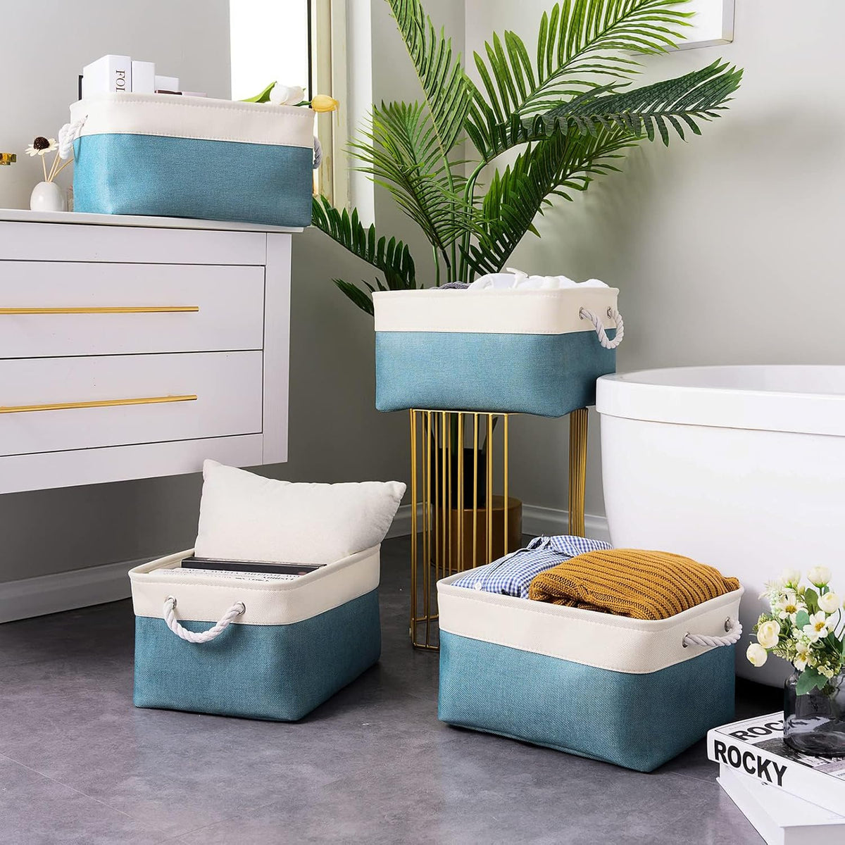 Fabric Storage Bins 12x8x5 inch [6-Pack] with Rope Handles - Decorative Baskets for Organizing