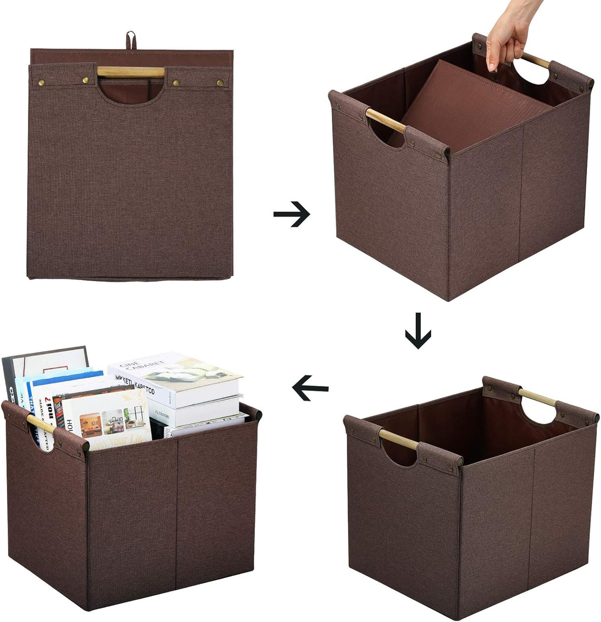 HOONEX Large Collapsible Storage Bins, Linen Fabric, Pack of 2, Storage Baskets with Wooden Carry Handles and Sturdy Heavy Cardboard, for Home, Office, Car, Nursery, Black