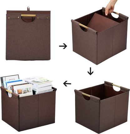 HOONEX Large Collapsible Storage Bins, Linen Fabric, Pack of 2, Storage Baskets with Wooden Carry Handles and Sturdy Heavy Cardboard, for Home, Office, Car, Nursery, Black
