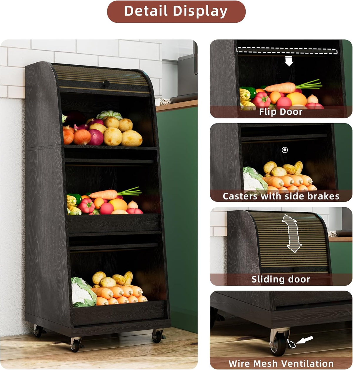 4 Tier Narrow Potato Storage Bin, Tall Wood Potato and Onion Storage Bin with Wheel, Movable Fruit and Vegetable Basket, Food Small Kitchen Pantry Cabinet, Wooden Bread Box, Walnut, Sliding Door