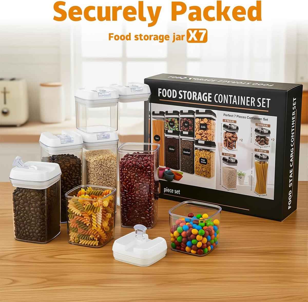 Airtight Food Storage Containers with Lids 7 pcs Plastic Kitchen and Pantry Organization Canisters for Cereal, BPA Free Kitchen Canisters for Spaghetti, Pasta, Dry Food, Flour and Sugar