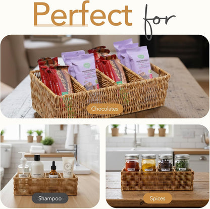 Nature-Inspired Rattan Pantry Organizer Baskets Set of 2 with 3 Removable Dividers – Handwoven Storage Bins for Kitchen or Bathroom Organization, Ideal for Snacks, Coffee & Tea (13” x 7.3” x 3.7”)
