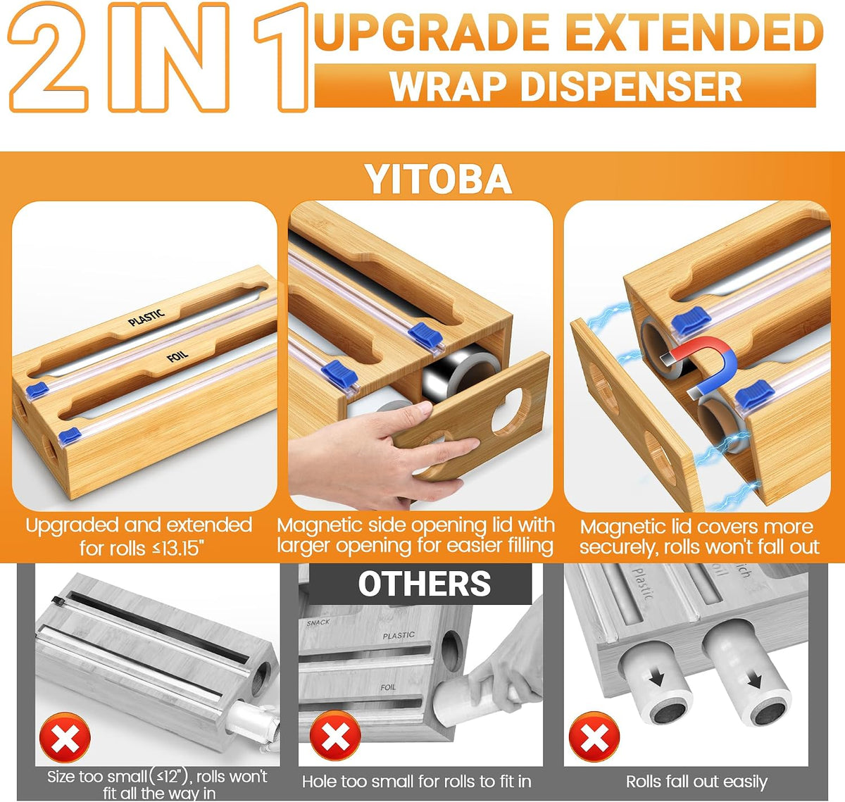 6 In 1 Bag Storage Organizer with Foil and Plastic Wrap Organizer, Extended Aluminum Foil Dispenser, Bamboo Baggie Organizer for Drawer, Sandwich Bag Organizer for Gallon, Quart, Snack