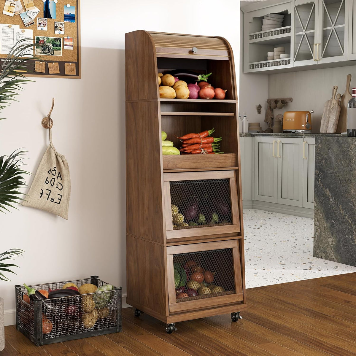 4 Tier Narrow Potato Storage Bin, Tall Wood Potato and Onion Storage Bin with Wheel, Movable Fruit and Vegetable Basket, Food Small Kitchen Pantry Cabinet, Wooden Bread Box, Walnut, Sliding Door