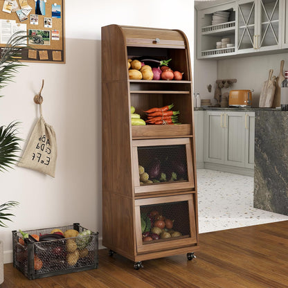 4 Tier Narrow Potato Storage Bin, Tall Wood Potato and Onion Storage Bin with Wheel, Movable Fruit and Vegetable Basket, Food Small Kitchen Pantry Cabinet, Wooden Bread Box, Walnut, Sliding Door