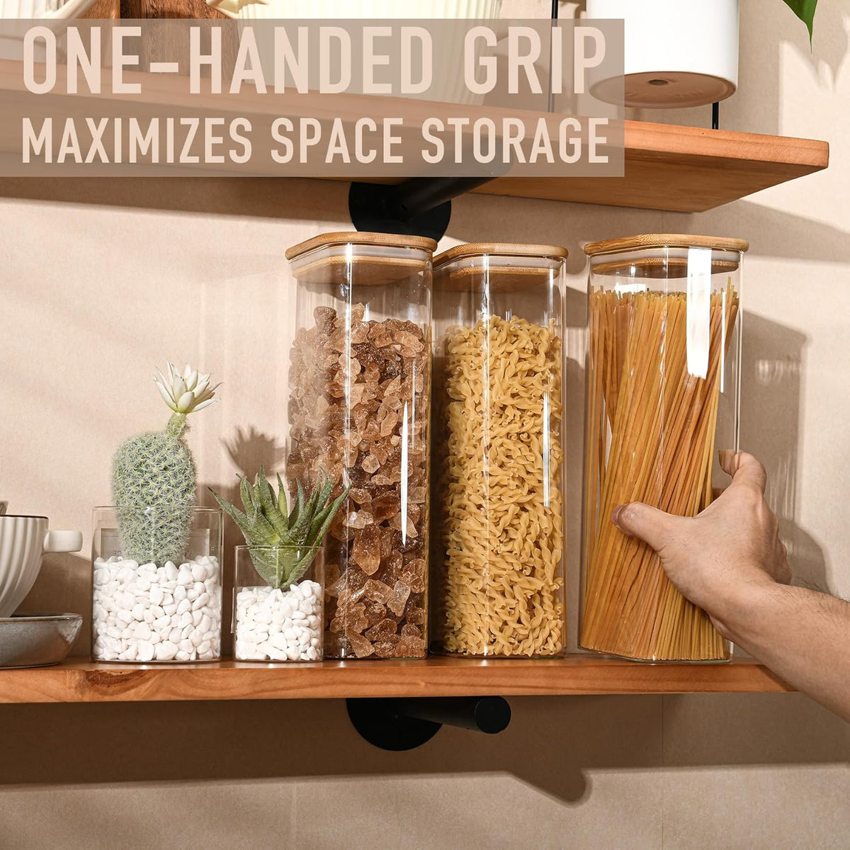 D2scrma 37oz Rectangle Airtight Glass Storage Containers with Bamboo Lids (Set of 6), Square Food Storage Jar, Pantry Organizers for Cereal, Nuts, Snacks and Coffee beans (‎with Black Lable)
