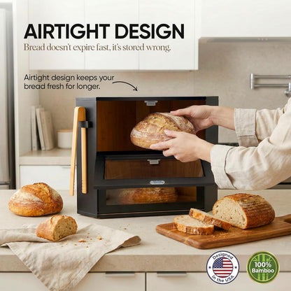 Corner Bread Box for Kitchen Countertop – Bamboo Bread Box with Airtight Design, Dual Divided Compartments, Magnetic Closures, Non-Slip Feet, Clear Windows, Tongs & 2 Free Baking Books -Black