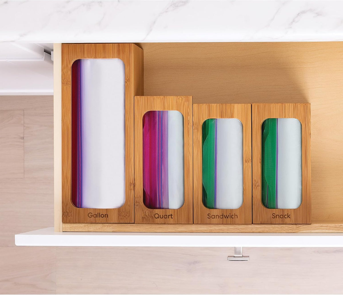 Seville Classics Bamboo Premium Organizer Storage Bins for Kitchen Silverware, Pantry, Closet, Office Desk, Pens, Utensils, Makeup, K Cup, Bamboo, Bag Holder Bin Set
