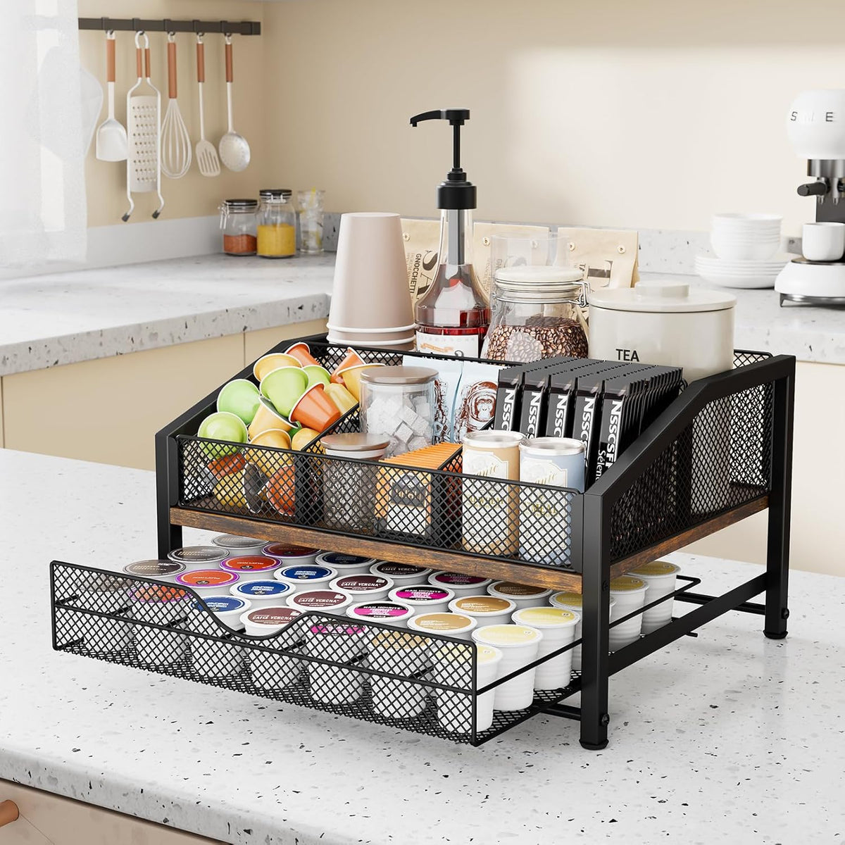 Homsorout Coffee Bar Organizer - Coffee Station for Countertop, Metal and Wood K Cup holder Storage Basket for Coffee Pods, Syrup, Cups, Stirrer, Coffee Condiment, Tea Organizer, Black and Brown