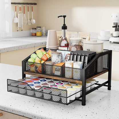 Homsorout Coffee Bar Organizer - Coffee Station for Countertop, Metal and Wood K Cup holder Storage Basket for Coffee Pods, Syrup, Cups, Stirrer, Coffee Condiment, Tea Organizer, Black and Brown