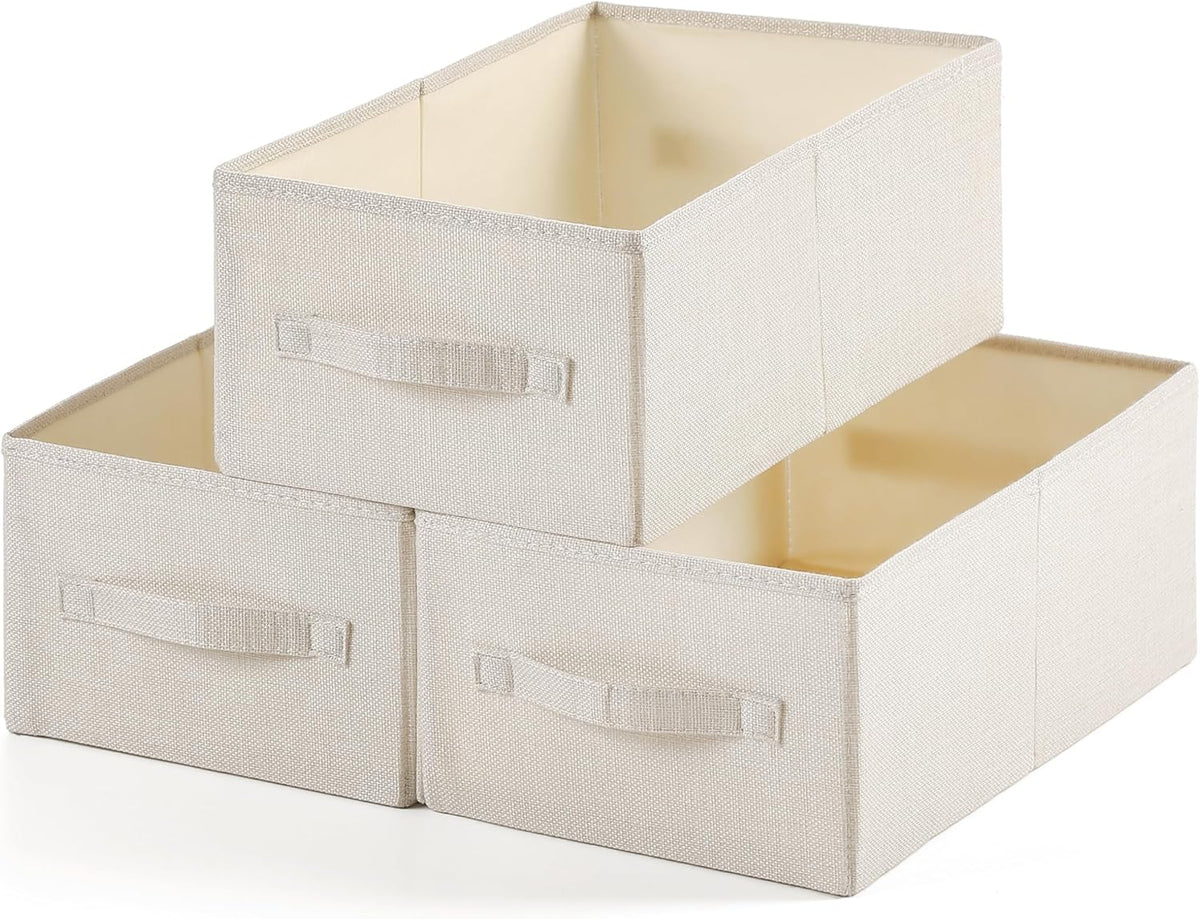 Linen Folding Storage Bins, 3 Pack Large Storage Baskets, Washable, Clothing Storage Bins with Handle, Closet Organizer for Storage Sweater,Sheets(Beige, 18½"x11 x8½)