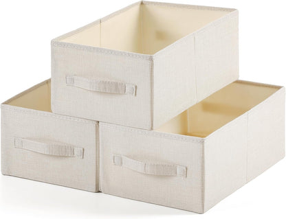 Linen Folding Storage Bins, 3 Pack Large Storage Baskets, Washable, Clothing Storage Bins with Handle, Closet Organizer for Storage Sweater,Sheets(Beige, 18½"x11 x8½)
