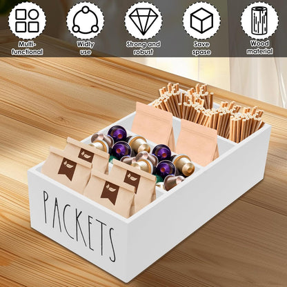 Wooden Seasoning Packet Organizer with 4 Compartments,10.63×5.51×3.15 inch Food Packet Storage Organizer Spice Holder with Dividers, Seasoning Storage Bins for Kitchen Pantry Cabinet Countertop(Black)