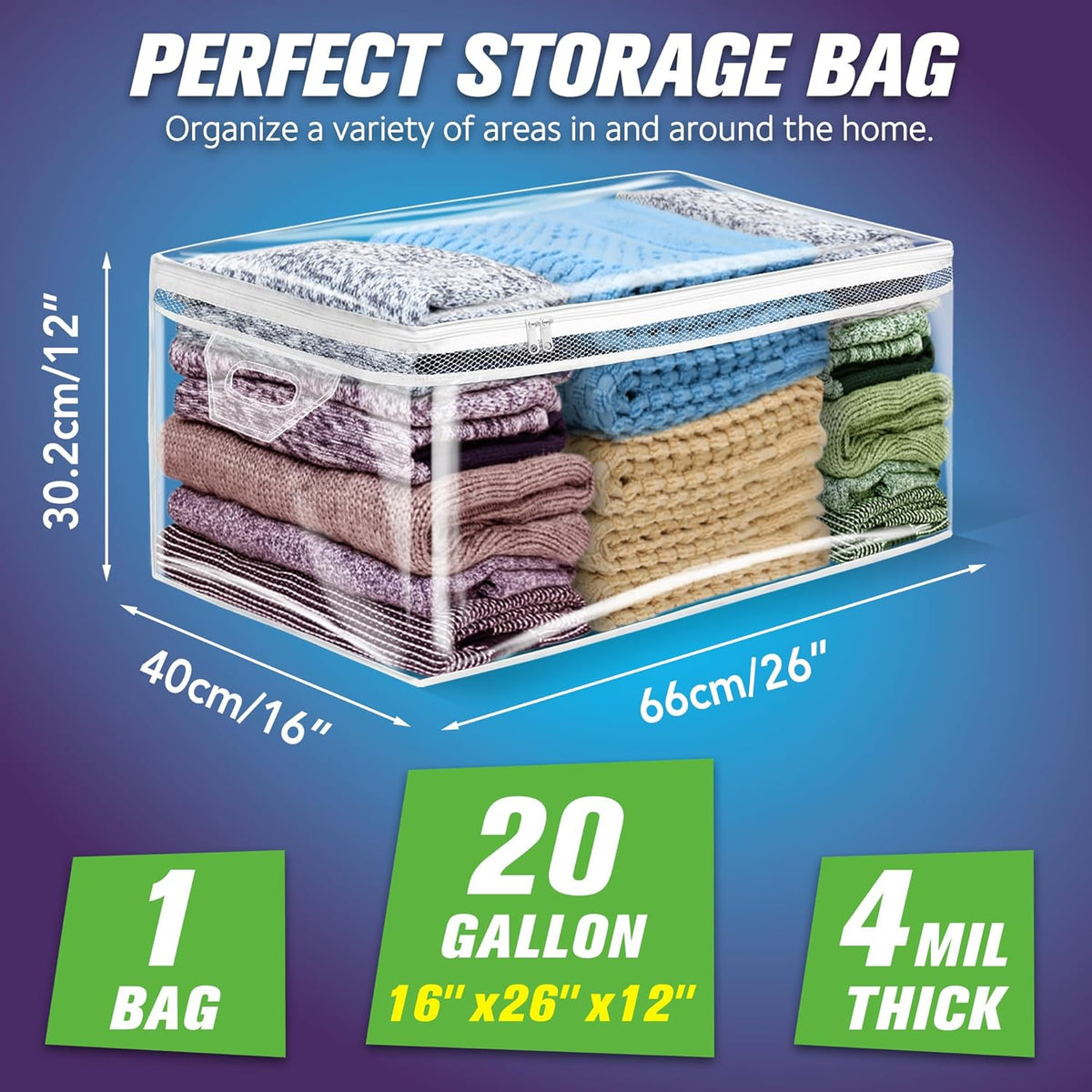 HIBAG 20 Gallon Large Storage Bag for Clothes, Zipper Clothing Storage Bag, Clear Organizer with Reinforced Handles, for Comforters Blankets Pillows Bedding