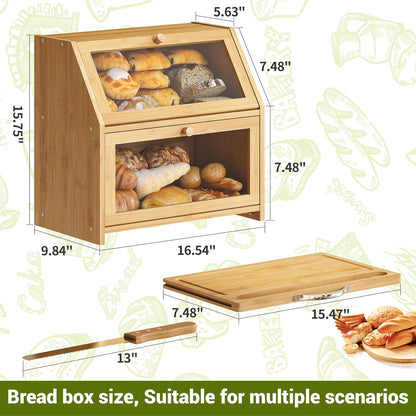 BMOSU Bread Box with Cutting Board Kitchen Bread Storage Organizer Farmhouse Countertop Double Bamboo Wood Bread Box(Natural)