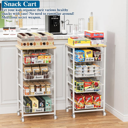 OKZEST 4-Tier Kitchen Storage Cart on Wheels – Mobile Fruit Basket Stand with Drawers & Wooden Top, Small Rolling Pantry Shelf for Potatoes, Onions, Bottled Drinks, Cans, Snacks – Includes 3 PE Liners