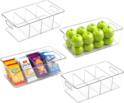 Pantry Organizers and Storage, Food Storage Containers with 3 Removable Divider for Kitchen, Fridge, Cabinet Organization, Clear Plastic Storage Bins for Snacks, Spice Packets, Packets, Pouches