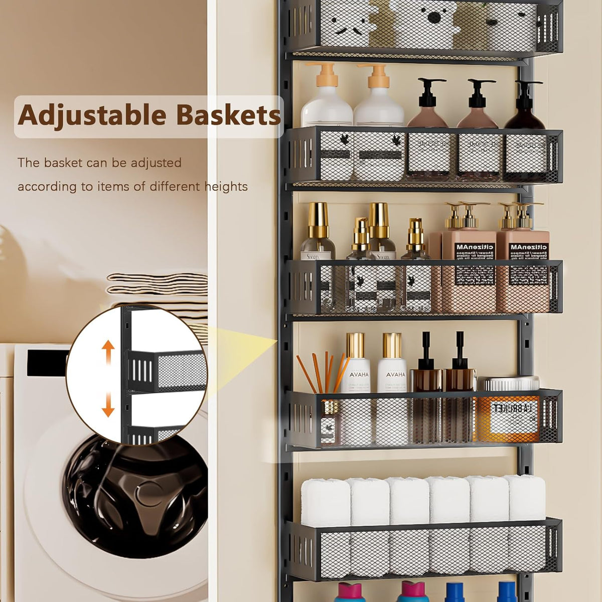 6-Tier Over The Door Pantry Organizer with Mesh Baskets, Adjustable & Stable Hanging Spice Rack for Kitchen, Bathroom, Bedroom, and Baby Essentials Storage