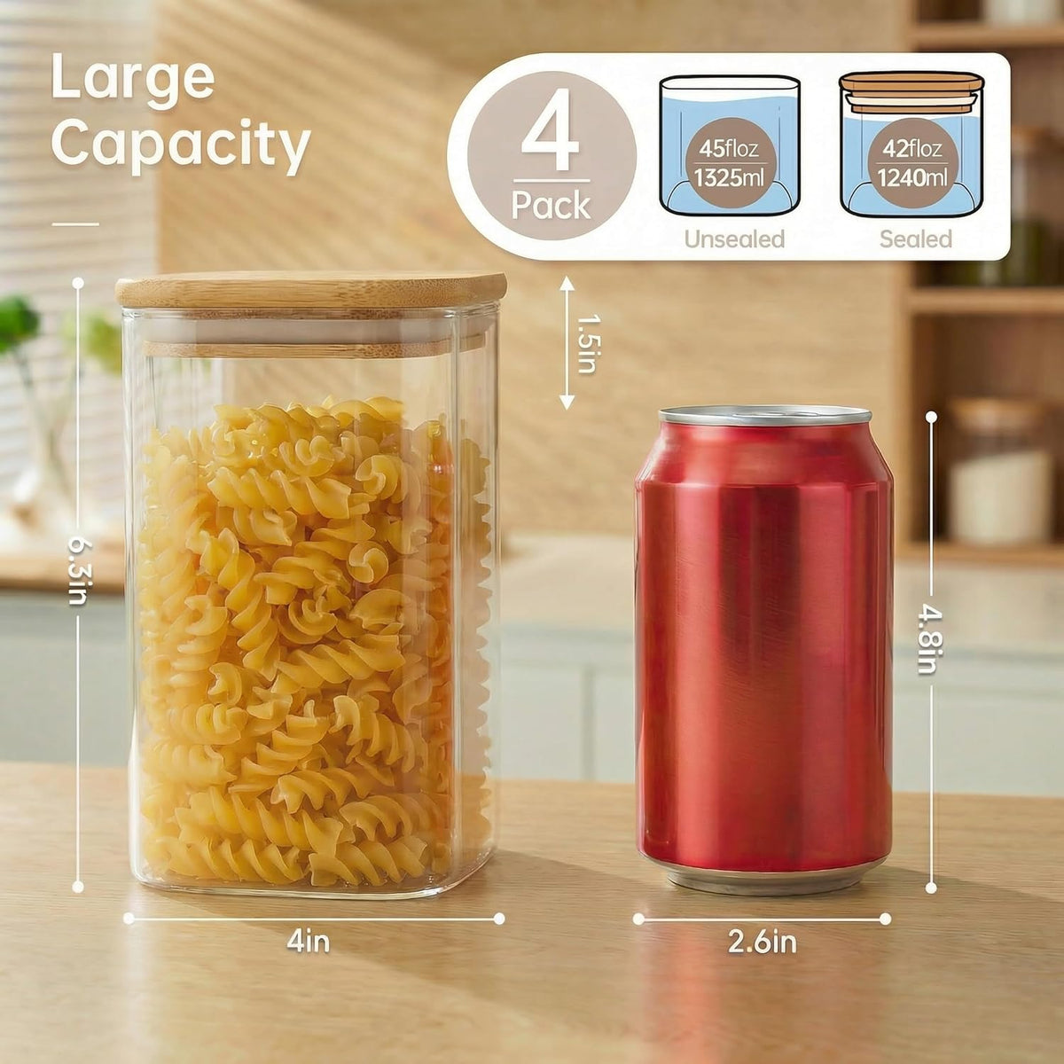 Extra Large Square Glass Flour & Sugar Storage Containers with Airtight Lids, 168 floz - Glass Jars with Bamboo Lids for Pantry, Air tight Food Storage Containers for Cereal, Pasta, Rice