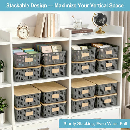 Bagnizer Small Plastic Storage Bins with Bamboo Lids 5.2qt Stackable Box Basket Pantry Decorative Containers Cute with Labels for Organizing Desktop Closet Office Cream White of 10*7.2*4.1"