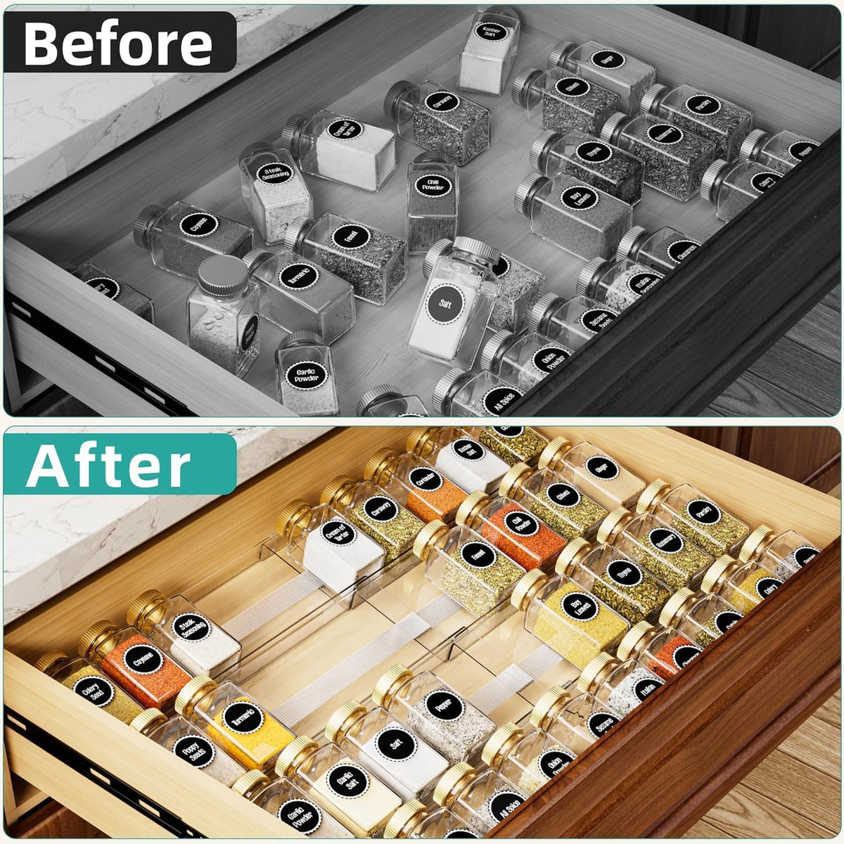 MIUKAA Acrylic Spice Drawer Organizer, 4 Tier - Seasoning Organizer for Drawer, Expandable From 13" to 26" Kitchen Drawer Spice Rack with Slip-Proof Mat (Jars not Included)