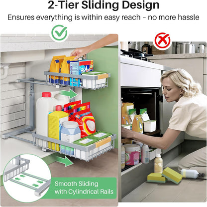 Kitstorack Under Sink Organizer, 2 Tier Under the Sink Storage, Slide out Pull out Cabinet Organizer Shelf, Metal Sliding Drawer for Kitchen Bathroom Pantry Closet Organization Rack, Black