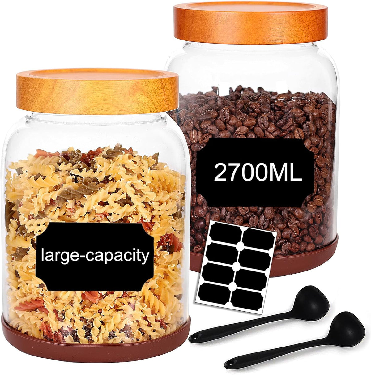 SAIOOL 2-Pack Striped Borosilicate Glass Airtight Canisters - Big mouth Large Capacity, Acacia Wood Lid, Food Storage Jars for Flour, Pasta, Pantry Organization (1/2 Gallon （Yellow Press lid 2 pack）)