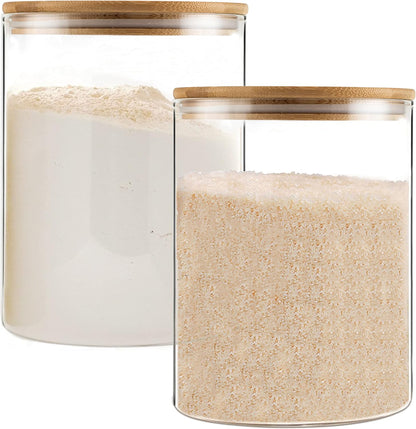 YUNCANG Glass Storage Jars 6 Pack 37oz Clear Glass Food Storage Containers with Airtight Bamboo Lid Stackable Kitchen Canisters for Candy,Cookie,Rice,Sugar,Flour,Pasta,Nuts and Spice Jars(Square)