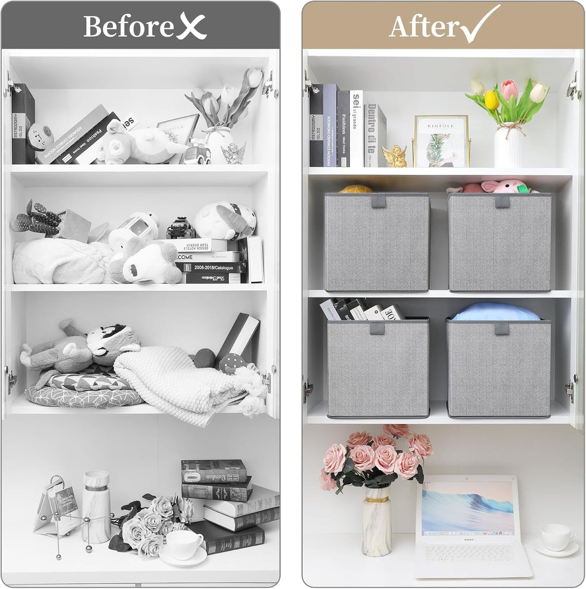 Storage Baskets, 11-Inch Woven Fabric Bins, Storage Cubes with Reinforced Handles, Organizer Bins for Closet Shelves, Foldable, for Toys, Clothes, Natural Beige (3PCS/Beige-11*11*7.8inch)