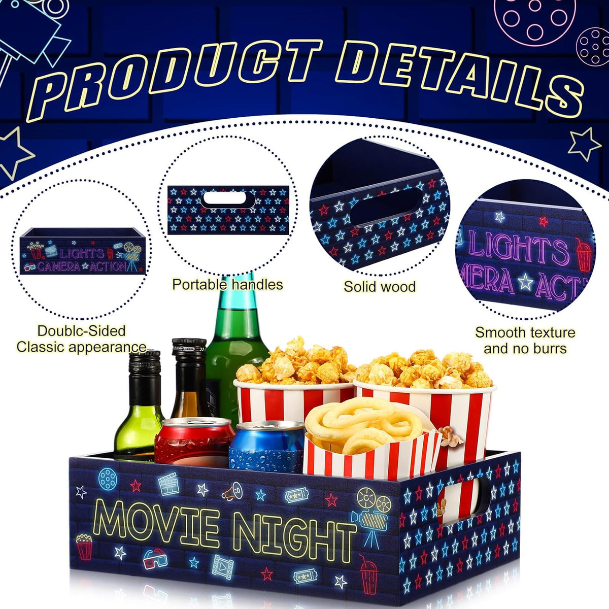 Movie Night Supplies Snack Trays with Handles Reusable Wooden Movie Gift Basket for Theater Popcorn Bucket Bowl Box Container Family Room Decor(Classic Style)