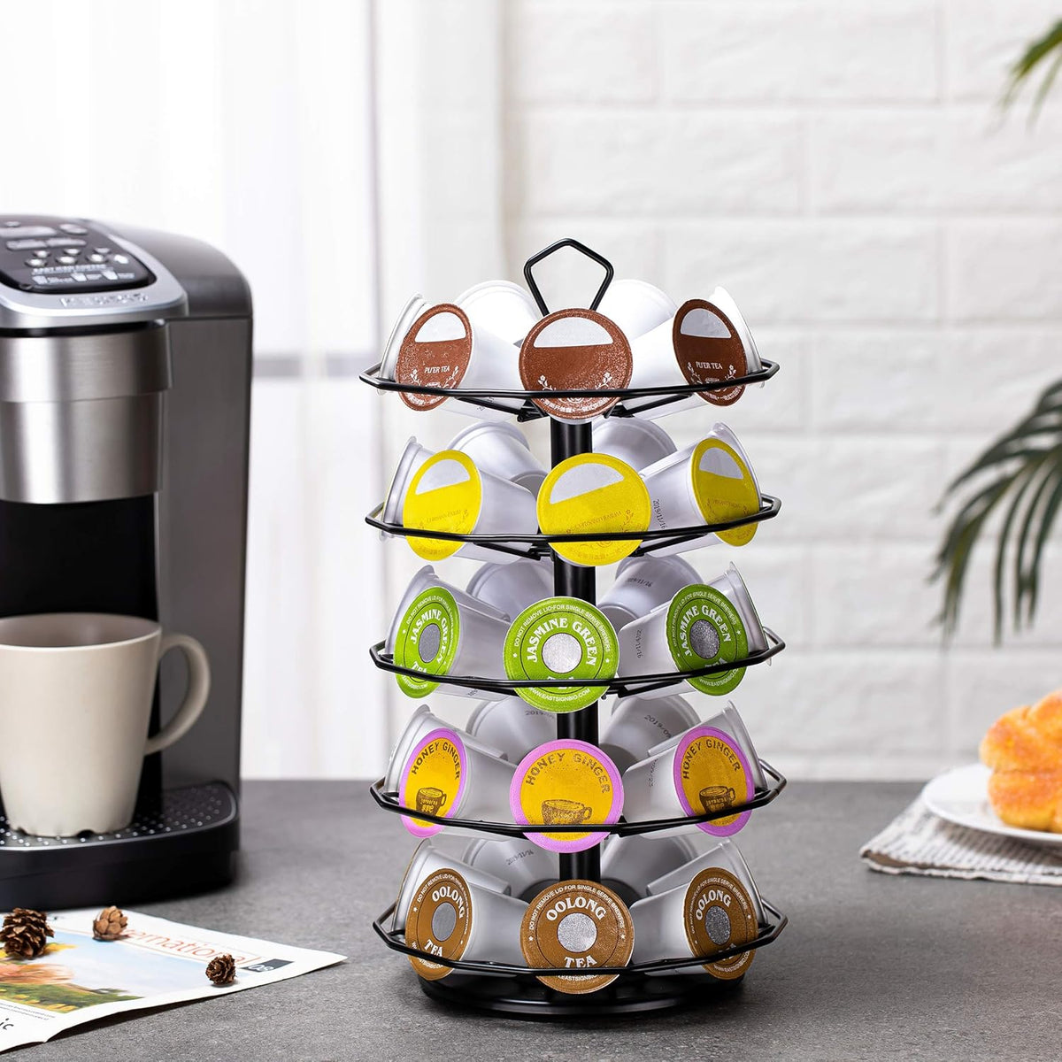 FlagShip K cup Holder Carousel 3 Tier for Keurig Pod Holder Metal DIY Install Small for K-cup Storage Stand 21 K Pod Storage