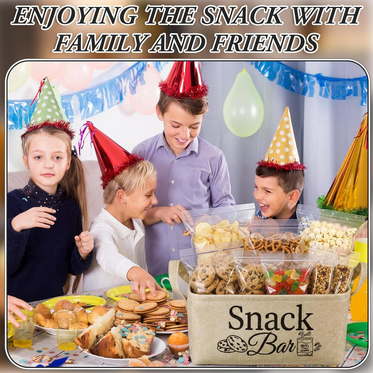 Snack Bar Organizer Basket, Burlap Fabric Snack Storage Holder with Waterproof Lining & Handles, Collapsible Bar Station Organizer Bin for Kitchen Pantry Cabinet Home Movie Night Party