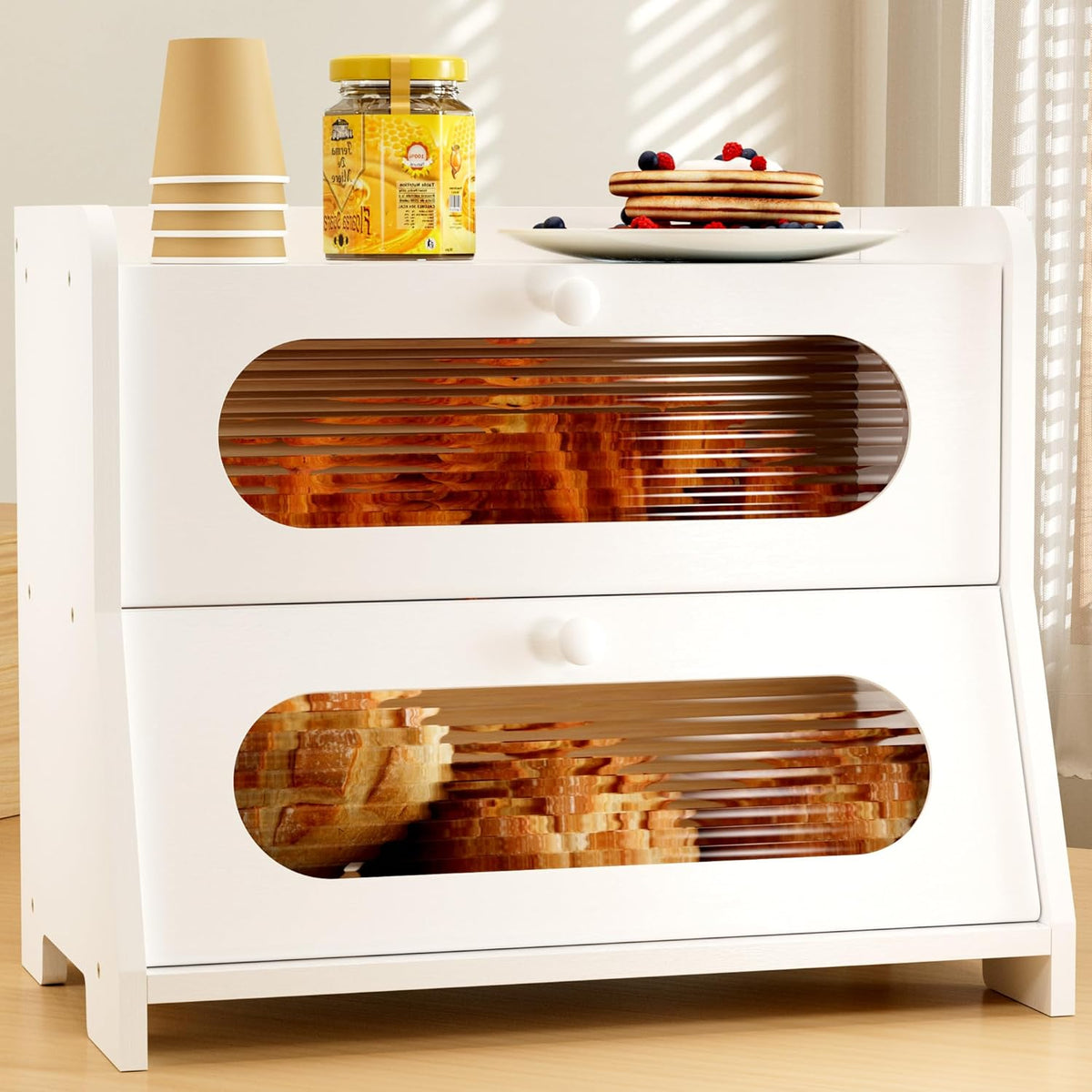 Bread Box,Extra Large 2-Tier Bamboo Bread Box for Kitchen Countertop,Bread Storage Container with Magnetic Acrylic Door for Homemade Bread,Under Cabinet,Pantry Organizer(Natural)