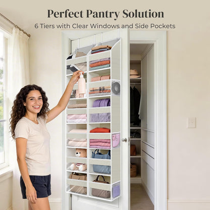 5 Tiers Over the Door Organizer with 10 Mesh Side Pockets, 44 lbs Weight Capacity Closet Hanging Storage Organizer with Large Clear Window Kids Toys, Shoes, Diapers, Beige