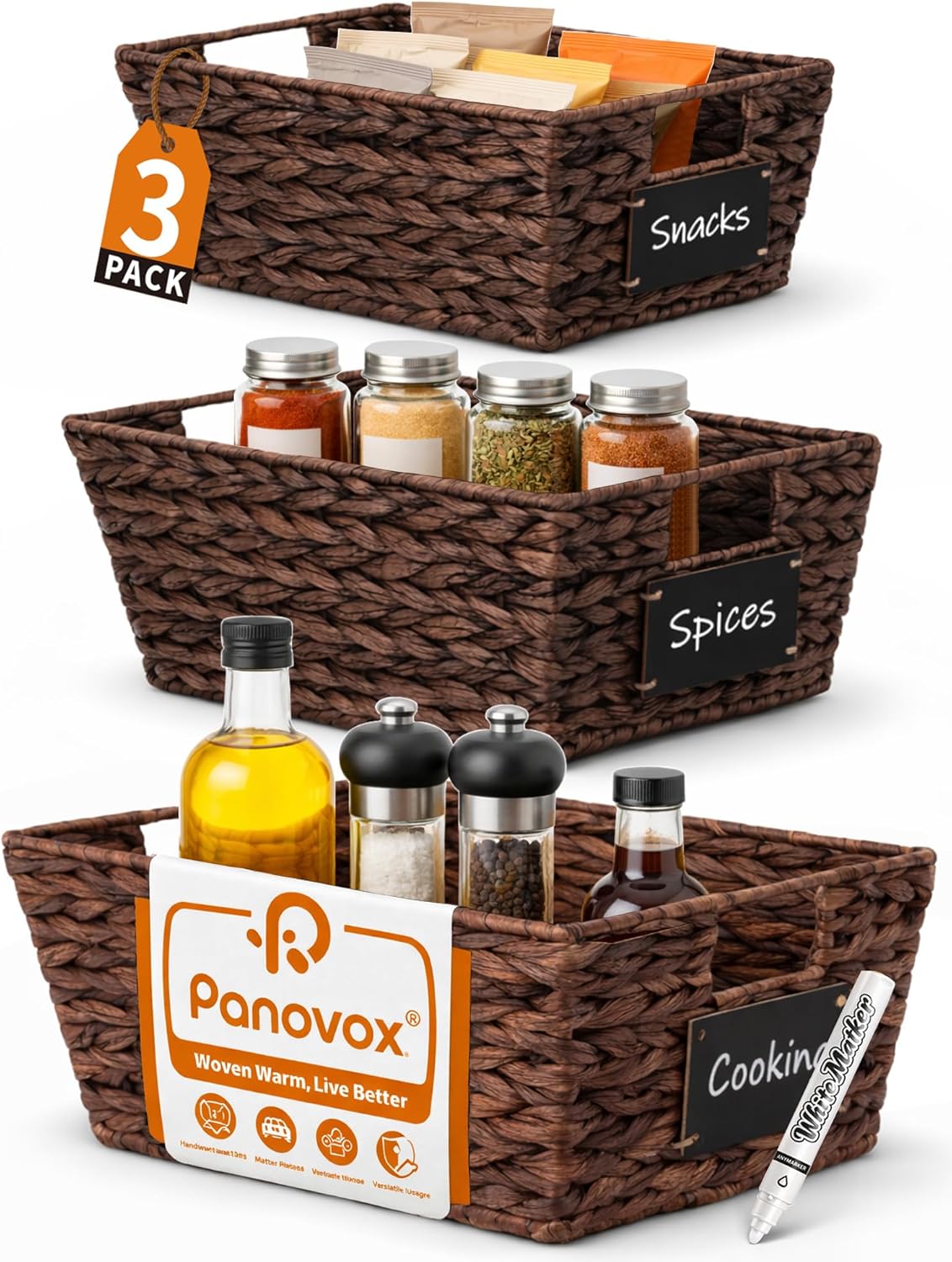 Pantry Organizers and Storage, Water Hyacinth Storage Baskets for Shelves, Natural Baskets for Organizing, Pantry Baskets with Chalkboard Labels and Marker