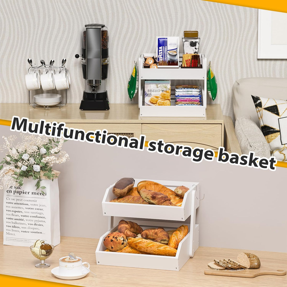 Gmtsl Bamboo Fruit Basket for Kitchen – 3 Tier Fruit Bowl For Kitchen Counter, Large Fruit Holder With 2 Banana Hangers, Idea For Fruit and Vegetable Storage, Bread Basket, Snack Organizer(BLACK)