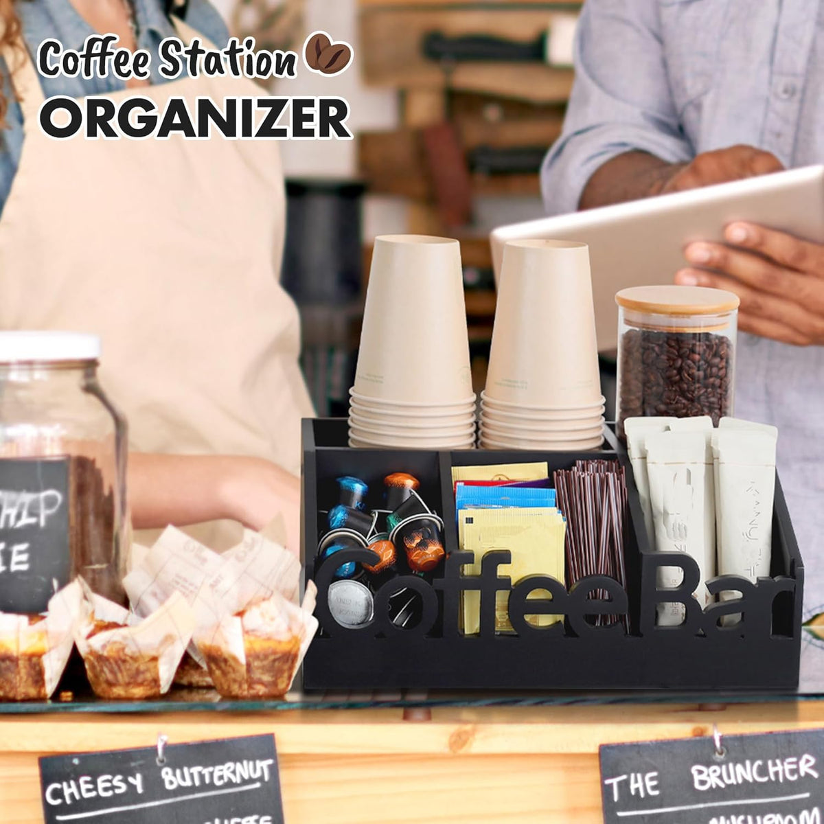 Coffee Bar Organizer for Countertop – Wooden Coffee Caddy with Compartments for Pods, Sugar Packets, and Accessories – Coffee Condiment Station Storage for Home and Office (Black)
