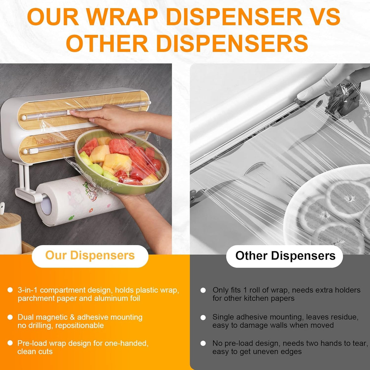 4in1 Plastic Wrap Dispenser with Cutter Aluminum Foil Organizer Wrapping Paper Storage and Kitchen Towel Holder Ideal for Kitchen Organization and Countertop Space Saving