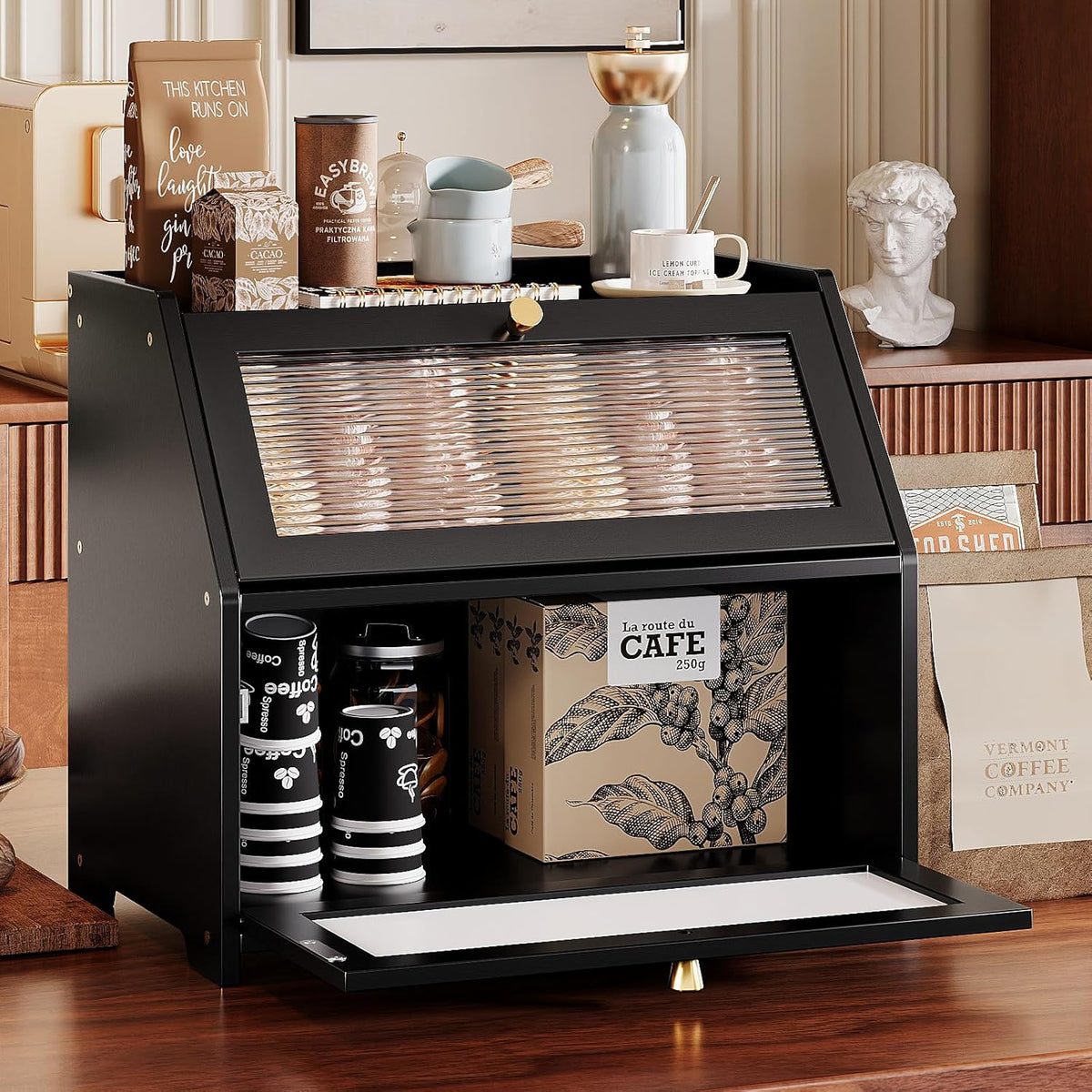 Trironsun Bread Box for Kitchen Counter Black Bread Storage Container with Acrylic Door William Morris Flower Bird Design Farmhouse Breadbox Organizer (Black)